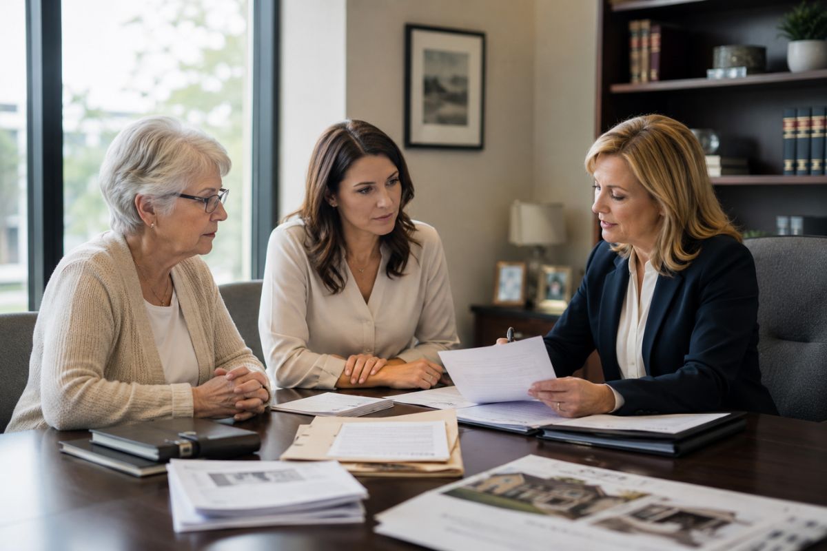 A professional estate planning consultation in a modern law office. An older mother sits at a conference table with her adult daughter while an attorney reviews legal documents
